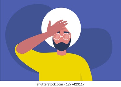 Facepalm gesture. Problem. Trouble. Young indian character with a hand palm on a forehead. Conceptual flat editable vector illustration, clip art