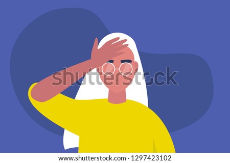 Facepalm gesture. Problem. Trouble. Young female character with a hand palm on a forehead. Conceptual flat editable vector illustration, clip art