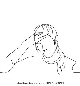 facepalm girl. one line drawing of a lioness with long hair tucked into a ponytail holding her forehead, the concept of frustration, fatigue, despair, doubt, tense mind, migraine (headache)