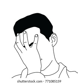 Facepalm man shame linear black and white pen ink drawing vector