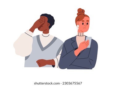 Facepalm and sad reaction to social media content, online news in phone. Different negative emotions, expressions after internet message. Flat graphic vector illustration isolated on white background