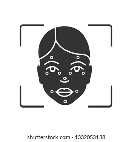 Faceprint analysis glyph icon. Silhouette symbol. Facial markers, points match. Face recognition. Identity confirmation process. Negative space. Vector isolated illustration