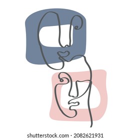 Faces  and abstract shapes. Contemporary vector illustrations on color backgrouds. Line, minimalistic elegant concept. Perfect for social media, cards, postcards.