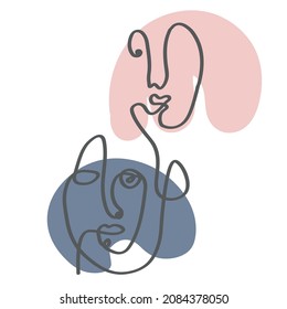 Faces  and abstract shapes. Contemporary vector illustrations on color backgrouds. Line, minimalistic elegant concept. Perfect for social media, cards, postcards.