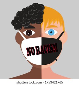 Faces of African American and white men in masks with the inscription NO RACISM are divided in half and combined into one face as an equal sign.Justice and friendship.Vector illustration.