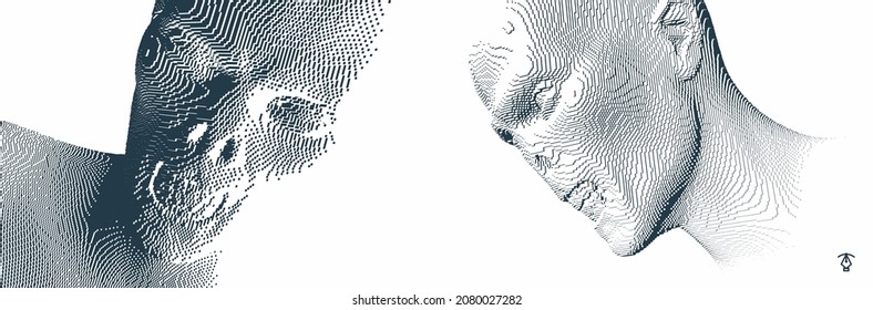 Faces of alien and zombie. Abstract digital head constructing from cubes. Voxel art. 3D vector illustration.