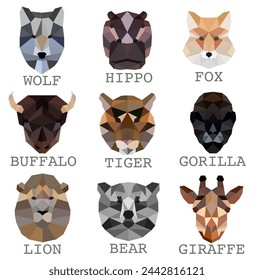 Faces of animals in colored tones. Animal faces. Animals are drawn with a polygon. EPS 10.
