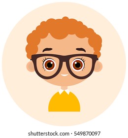 Faces Avatar in circle. Portrait young boy with glasses. Vector illustration eps 10. Flat cartoon style.