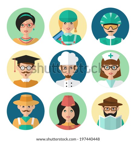 Faces avatar icons profession occupation job set flat isolated vector illustration