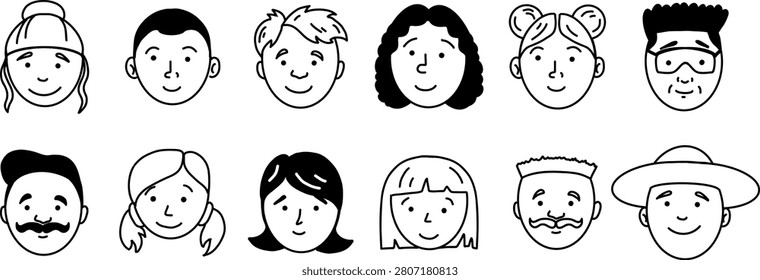 Faces avatars set. Vector Male and female images for user profile for social networks, resumes, forums and dating sites. Doodle hand drawn icons. Outline head people line clipart collection