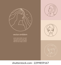 Faces of beautiful women with different hairstyles made in sketch retro style.  Vector logo and branding design for beauty centre, fashion studio, haircut salon and cosmetics. Colorful templates.