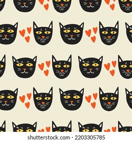 Faces black cats with hearts pattern. Halloween kids wallpaper, digital paper. Cartoon flat vector repeat background