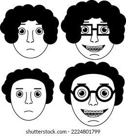 The faces of a boy and a girl with glasses and orthodontic braces on their teeth. Set of cartoon children face.