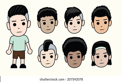 Faces of boys. Different types of men hairstyles and skin colors.