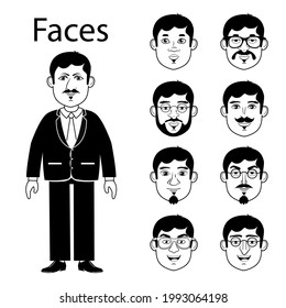 Faces for a cartoon male character. A characters for a doodle video. Black and white vector image of a characters with different faces. Different men's faces for doodle videos. Coloring pages

