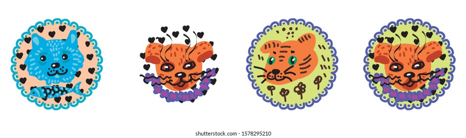 faces of cats in doodle style in a circle. Stylization for children's drawing
