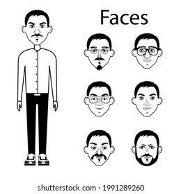 Faces for characters. A characters for a doodle video. Black and white vector image of a characters with different faces. Different men's faces for doodle videos. Coloring pages for kids.

