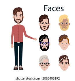 Faces for the characters. Vector image of faces for a male character. Different faces in the fas. A character for animation.