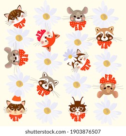 The faces of charming animals among the daisies of flowers. Raccoons, kittens, foxes and mice. Endless print for baby fabric.