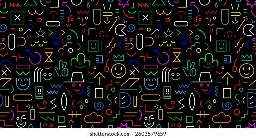 faces of children computer game funny creative lines figures seamless vector pattern multicolored background