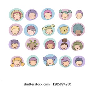 Faces of children. Cute cartoon boys and girls of different nationalities. Avatars set of funny kids. 