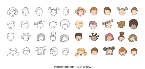 Faces of children. Cute cartoon boys and girls of different nationalities. Avatars set of funny kids. Illustration for coloring books. Monochrome and colored versions.