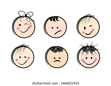 faces of children with expressions of different emotions, funny, sad. Set of pink round emoticons or emoji illustration icons. Smile icons vector illustration isolated on white background. flat design