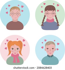 Faces of children in love. Avatars of happy boys and girls in love. Portraits of smiling children on Valentine s Day. Funny faces with hearts above their heads. Vector illustration in cartoon style