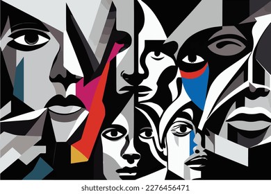 Faces collage black and white and colours elements, psychology, stress wallpaper. Abstract poster. Vector.