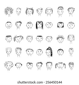 Faces. Collection of hand drawn doodle faces