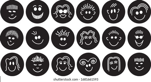 faces collection, white line drawing on black background