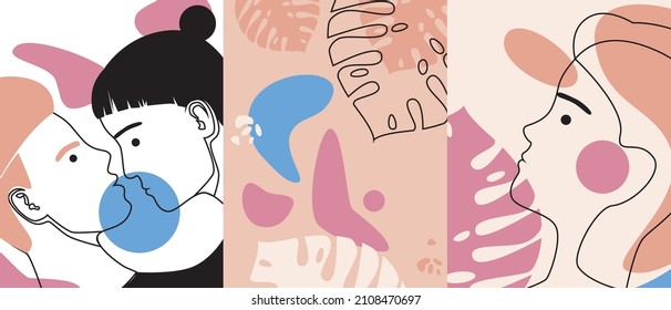 Rostros de un contorno de pareja. Collage moderno. Ilustración de material vectorial. Retrato de una mujer en perfil con formas geométricas y elementos vegetales en un estilo moderno minimalista