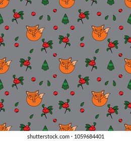 Faces, cranberries and Christmas tree painted on a gray background and painted in bright colors. Seamless pattern in Nordic style.