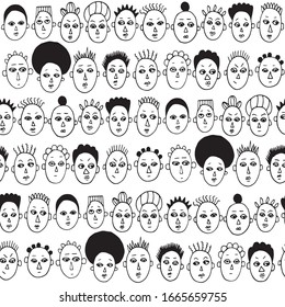 Faces of crowd of people seamless pattern. Men and women in society. Hand drawn vector black and white illustration. Cartoon doodle. Background, wallpaper. Colouring page. 