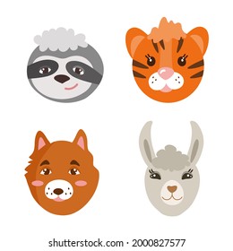 Faces of cute animals, sloth, dog, tiger, llama. Vector illustration isolated on a white background. For children's cards, invitations.
