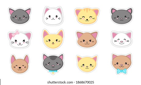 Rostros de lindos gatitos de dibujos animados. Conjunto de stickers de gato al estilo kawaii. Aislado sobre un fondo blanco. Ilustración vectorial.