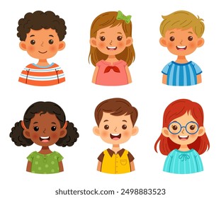 The faces of cute children have unique hairstyles and costumes representing different races and cultures. Vector illustration