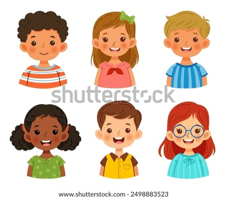 The faces of cute children have unique hairstyles and costumes representing different races and cultures. Vector illustration