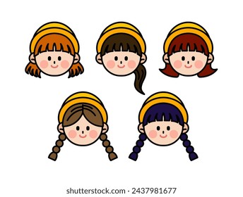 the faces of cute kindergarten girls in  kindergarten uniforms