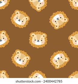 Faces of a cute little lion cub, cat footprints. Cute animal faces on dark brown background
