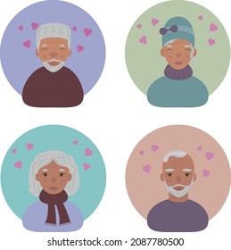 The faces of dark-skinned elderly people. Avatars of happy black grandparents. Portraits of smiling old people on Valentine s Day. Funny faces with hearts above their heads. Vector illustration