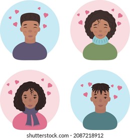 The faces of dark-skinned people. Avatars of happy black men and women. Portraits of smiling people on Valentine s Day. Funny faces with hearts above their heads. Vector illustration