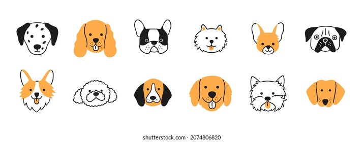 Faces of different breeds dogs set. Corgi, Beagle, Spitz Chihuahua, Terrier, Retriever, Spaniel, Poodle. Collection of doodle dog heads. Hand drawn vector illustration isolated on white background.