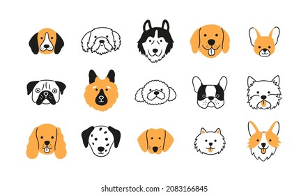 Rostros de diferentes razas de perros. Corgi, Beagle, Spitz Chihuahua, Terrier, Recuperever, Spaniel, Poodle. Colección de cabezas de perro doodle. Ilustración vectorial dibujada a mano aislada en fondo blanco.