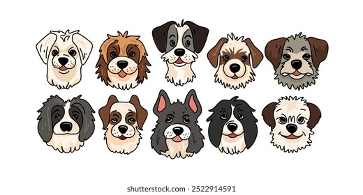 Faces of different breeds dogs set.  Hand drawn vector illustration isolated on white background.