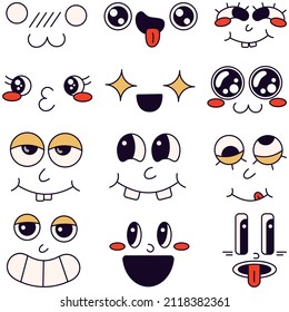 Faces with different emotions on the white background in the cartoon style of the 70s. Vector illustration