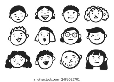 Faces with different emotions. Vector doodles. Hand-drawn cartoon portraits