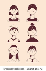 Faces of different people. Portraits of people. Monochrome image. Vector illustration.