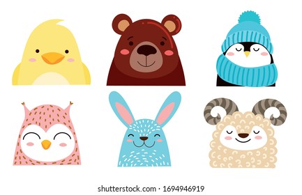 Faces of different smiling farm and wild animals and birds vector illustration