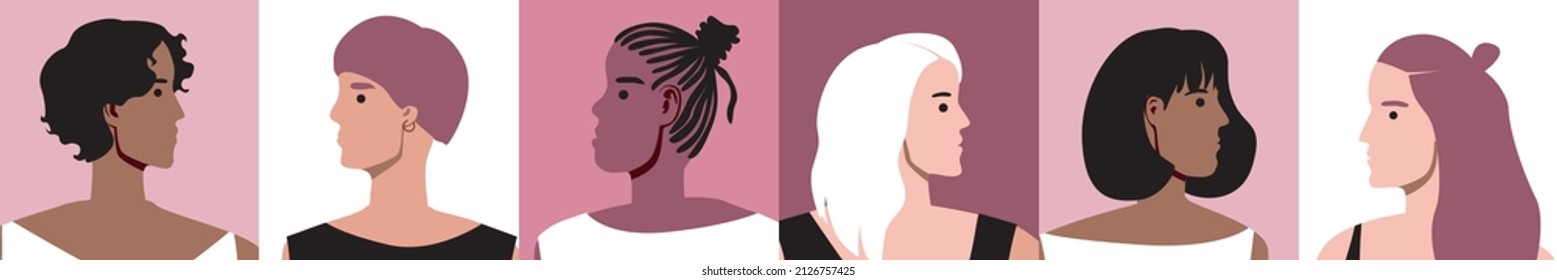 Rostros de diferentes mujeres, concepto de diversidad de apariencia. Ilustración de material vectorial plano. Avatar de la gente. La belleza de la mujer natural. Concepto, feminismo. Colección de vectores